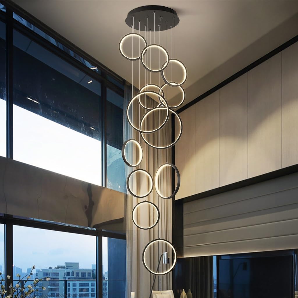 Lámpara Colgante LED Moderna Regulable Tipo araña - 18 Anillos Ajustables con Control Remoto, Luces de Techo de 195 W para escaleras, Sala de Estar, Entrada de Hotel y vestíbulo.
