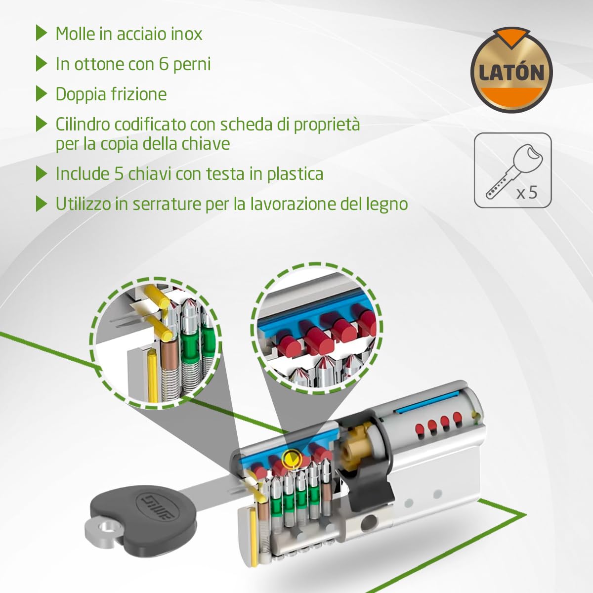 Amig - Cilindro di sicurezza - Serratura per porte - Antigrimaldello e Antibumping - Cilindro Antiestrazione e Antirottura - Include 5 chiavi - Argento opaco - Misure: 90 (30-60) mm