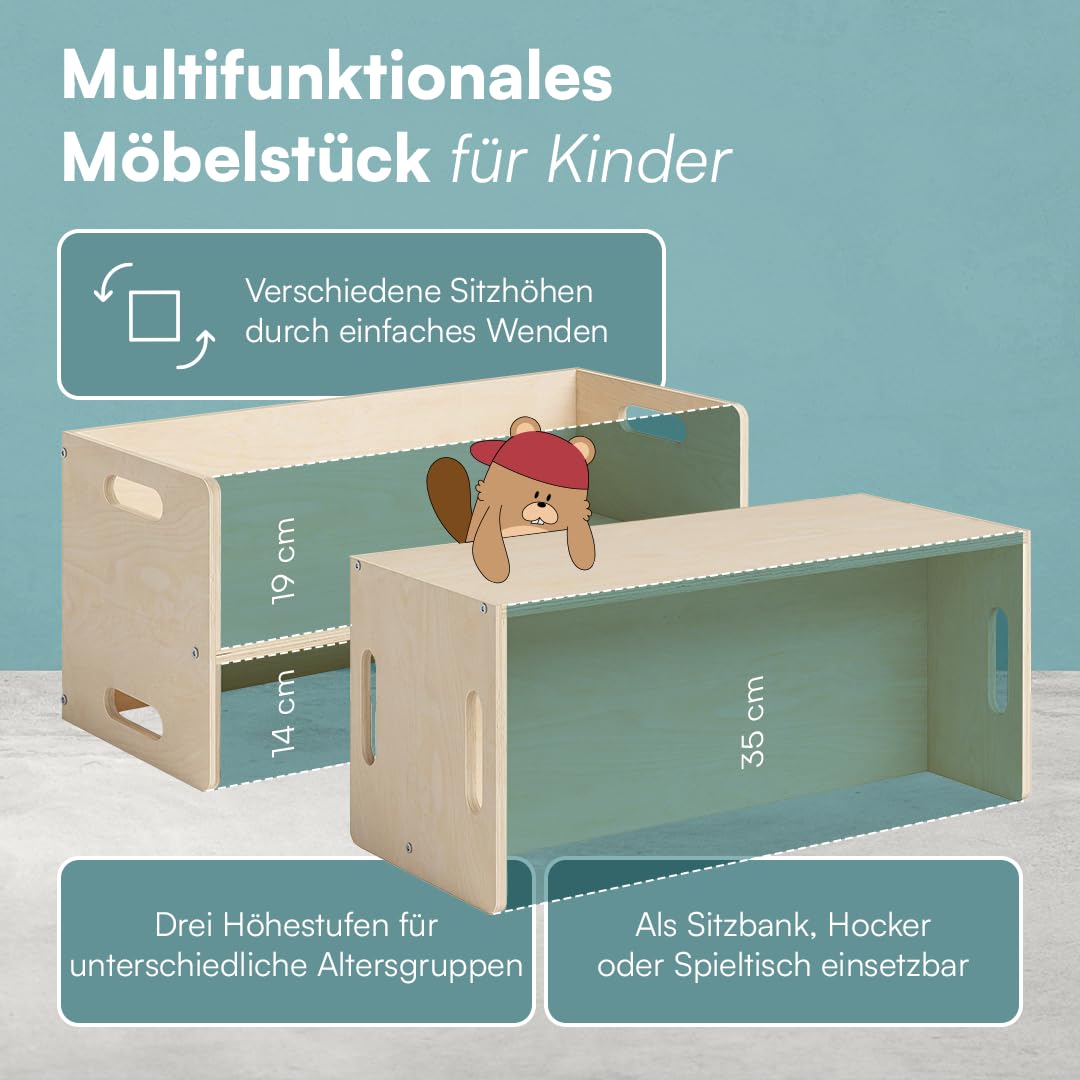 Bellabino Aki Kindersitzbank - 2in1 Kinderbank/Kindertisch aus Holz Natur - Montessori Wendebank für Kinderzimmer - multifunktionaler Kinderhocker mit 3 Sitzhöhen aus Birke - Hocker 80 x 35 x 35 cm