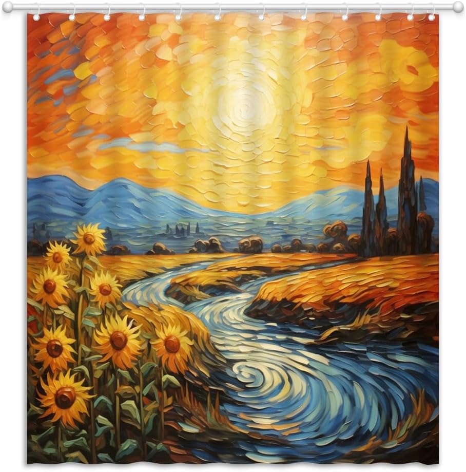 Orange Shower Curtain Abstract Oil Painting Art Mountain Sunflower Country Rustic Natural Landscape Fabric Bathroom Decor Curtains with Hooks, 70" Wx90 H