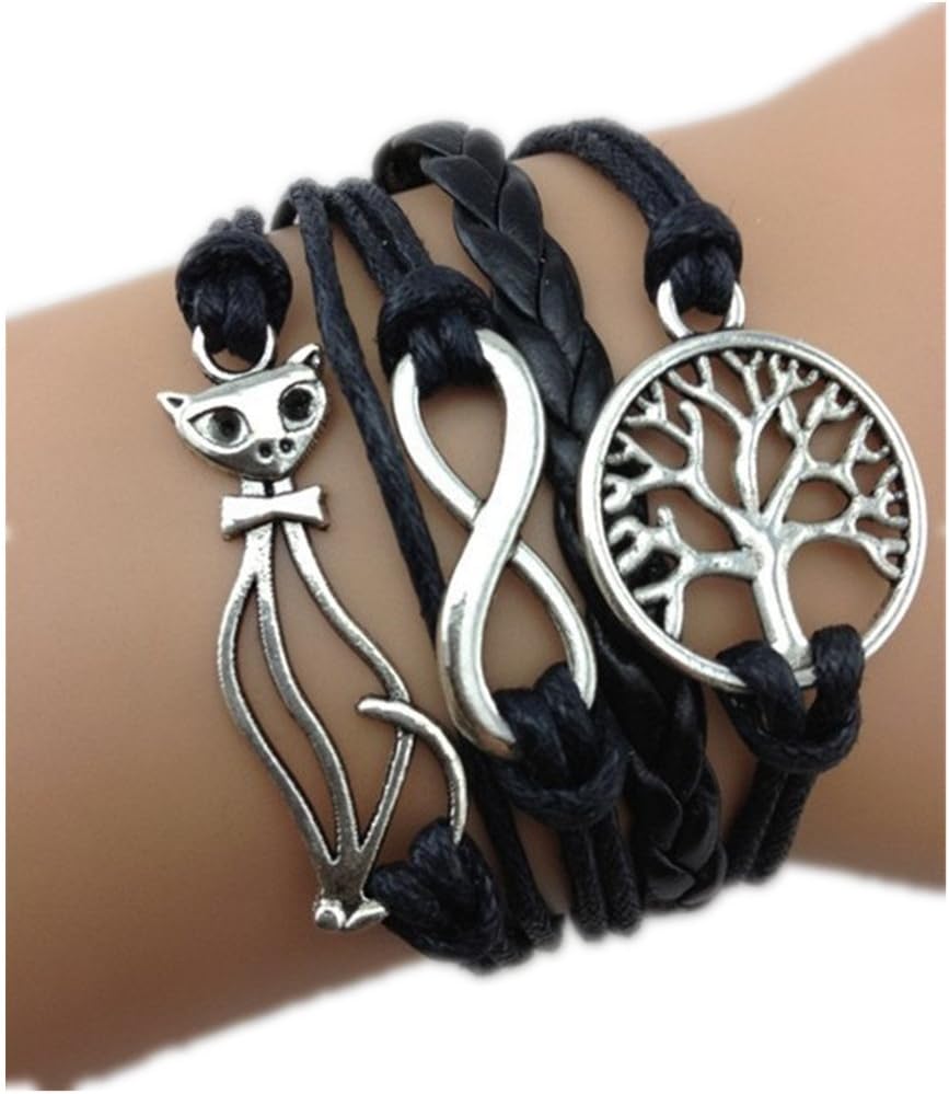 JOVANA Retro Vintage Handmade Cat Infinity Love Wish Tree Black Leather Rope Wrap Bracelets (Black)