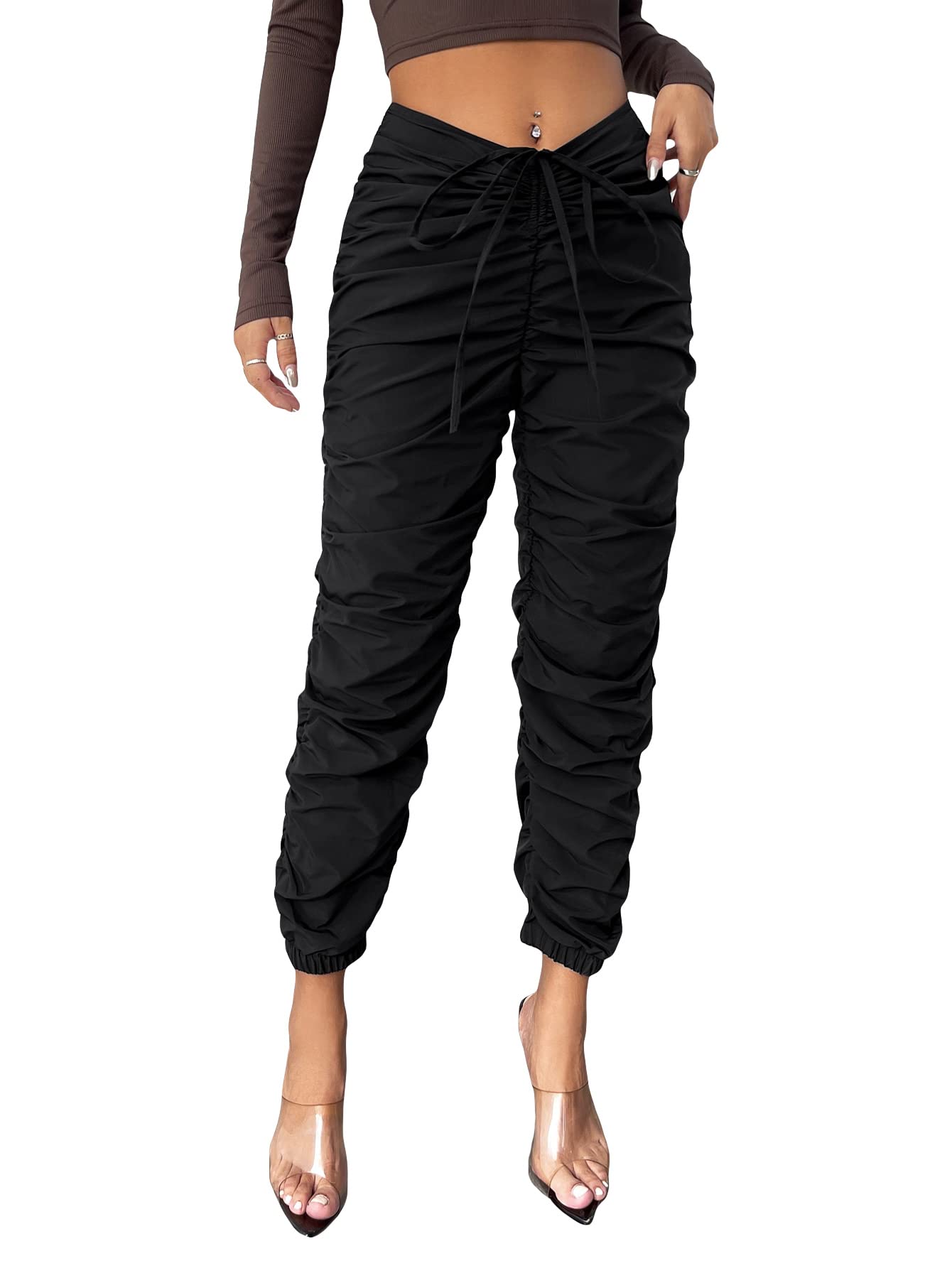 FloernsWomen's Drawstring Waist Jogger High Waist Ruched Stacked Pants