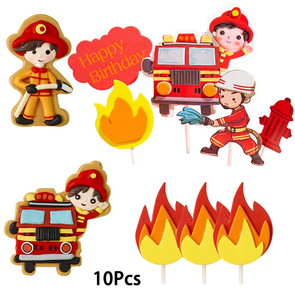 MEZHEN Feuerwehrmann Torten-Deko – 10-teiliges Set Aus Weicher Keramik, Cake Topper Für Kindergeburtstag