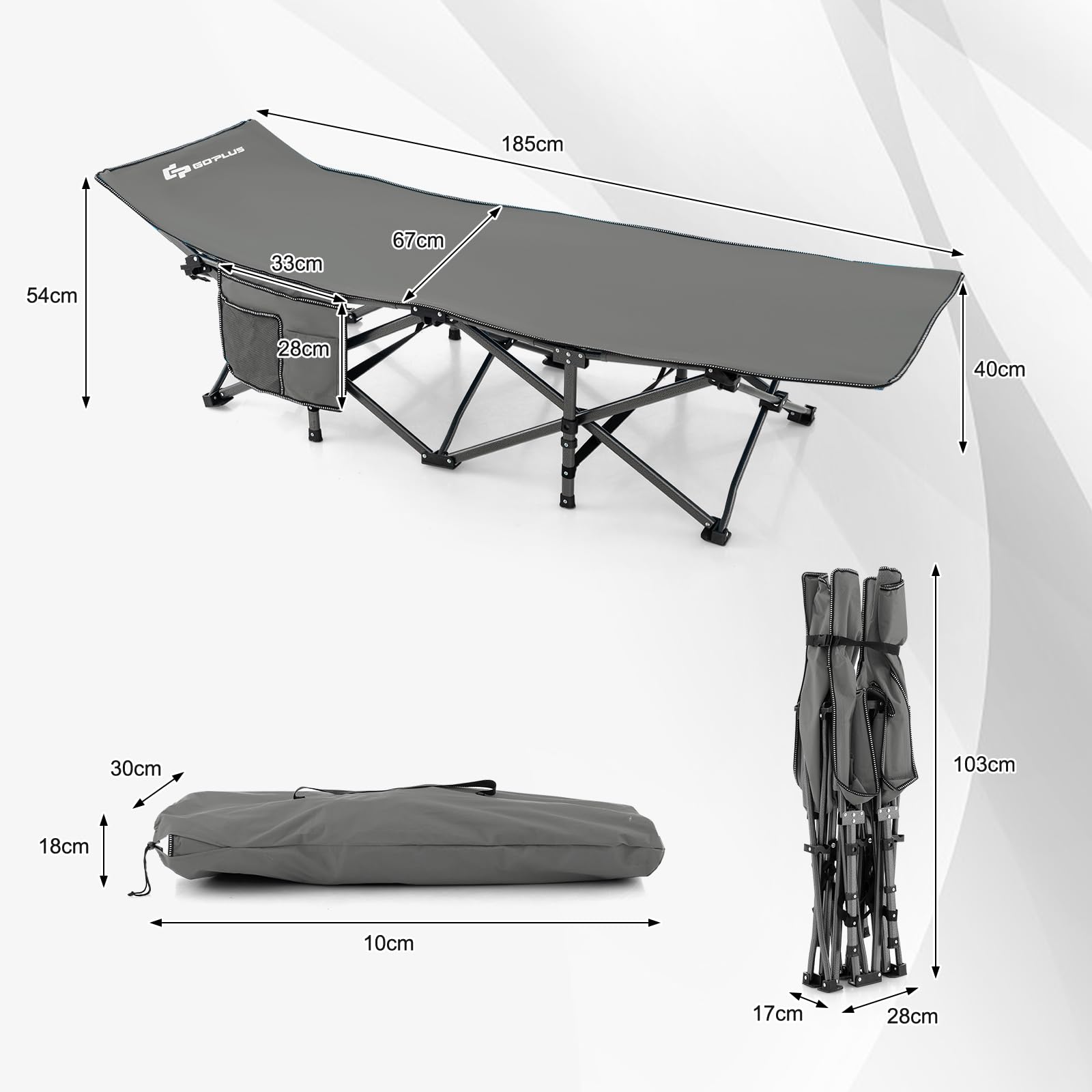GYMAX Lit de Camp Pliable 1 Personnes, Charge 160kg, Lit de Couchage Robuste avec Pochette 3-en-1, Sac de Transport, Lit de Tente pour Camping, Voyage, Randonnée