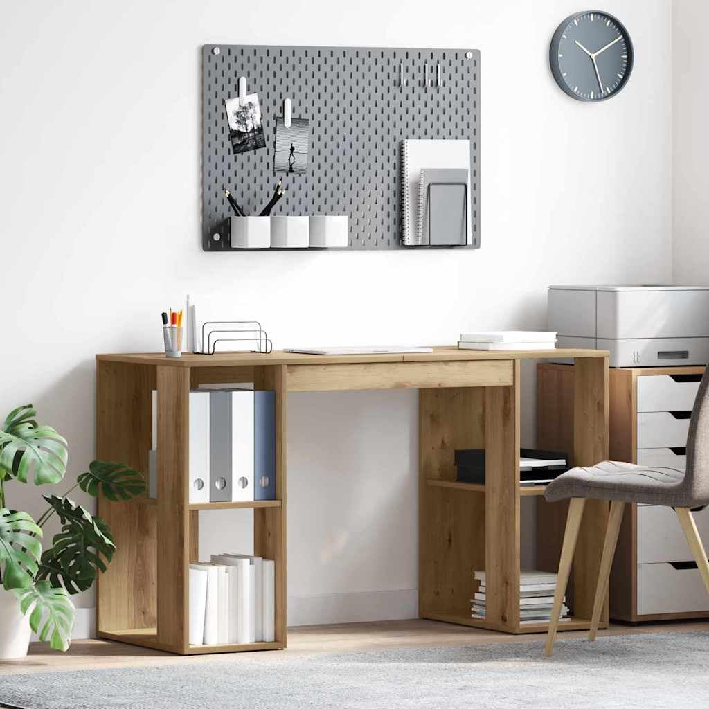 Scrivania in legno di rovere Artisan, 130 x 50,5 x 75 cm, con vano portaoggetti, 2 ripiani, ergonomica, per casa, ufficio, lavoro al computer, laptop, gaming, segretario, mensola, gestione