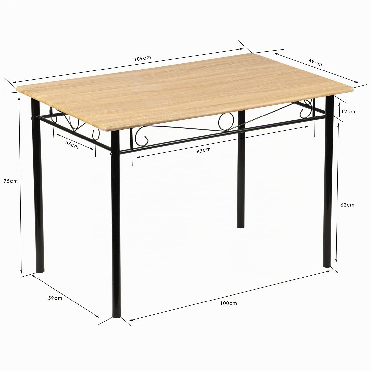 Ensemble Table et 4 Chaises, en Grain de Bois de Hêtre, Pieds en Métal Noir, pour Salle à Manger, Cuisine, Salon