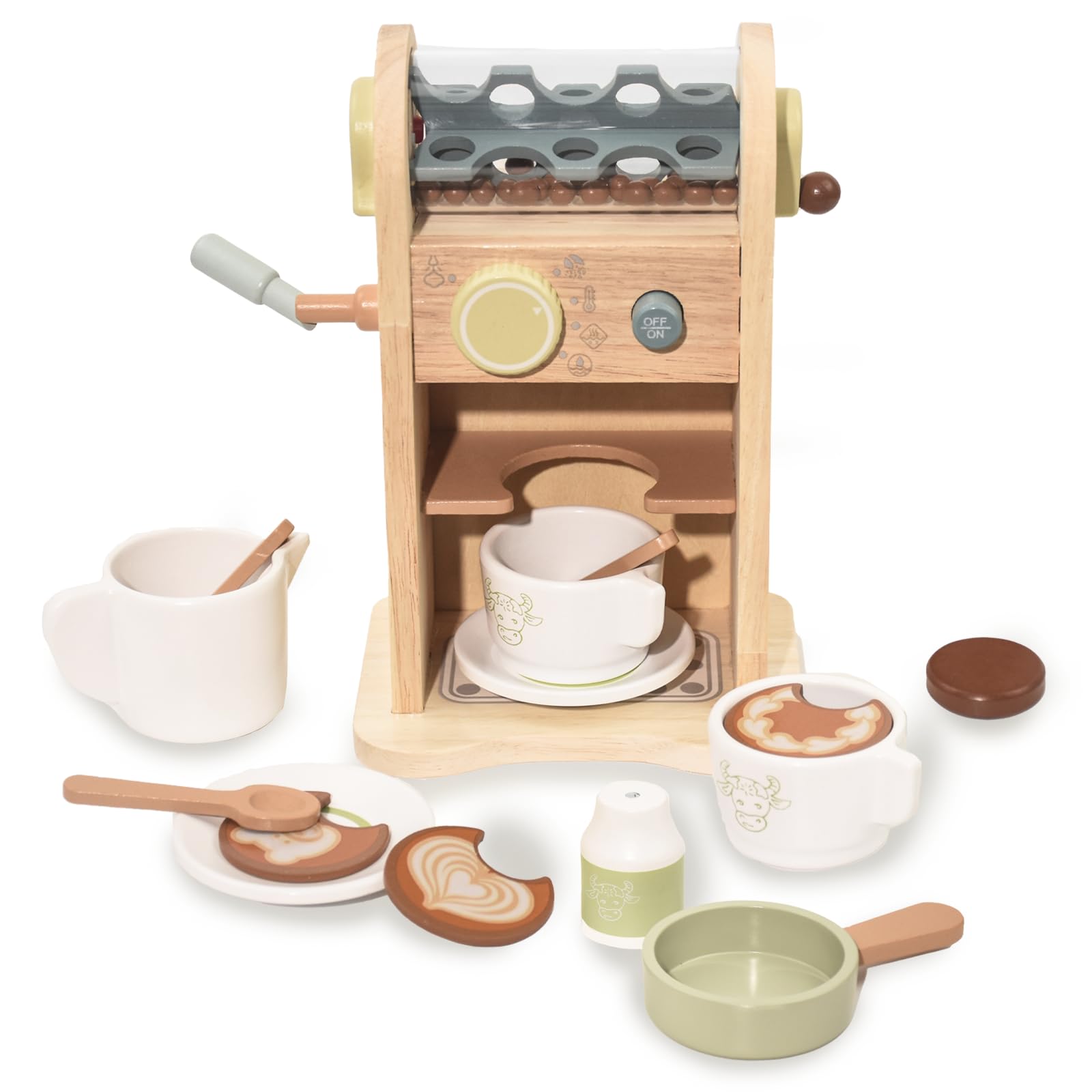 CoriverKids Wooden Kitchen Accessories, Kids Wooden Coffee Machine Toy with Grinder, Toy Coffee Machine, Toddler Kitchen Pretend Play, Wooden Play Kitchen Sets Role Play Gift for Boys Girls