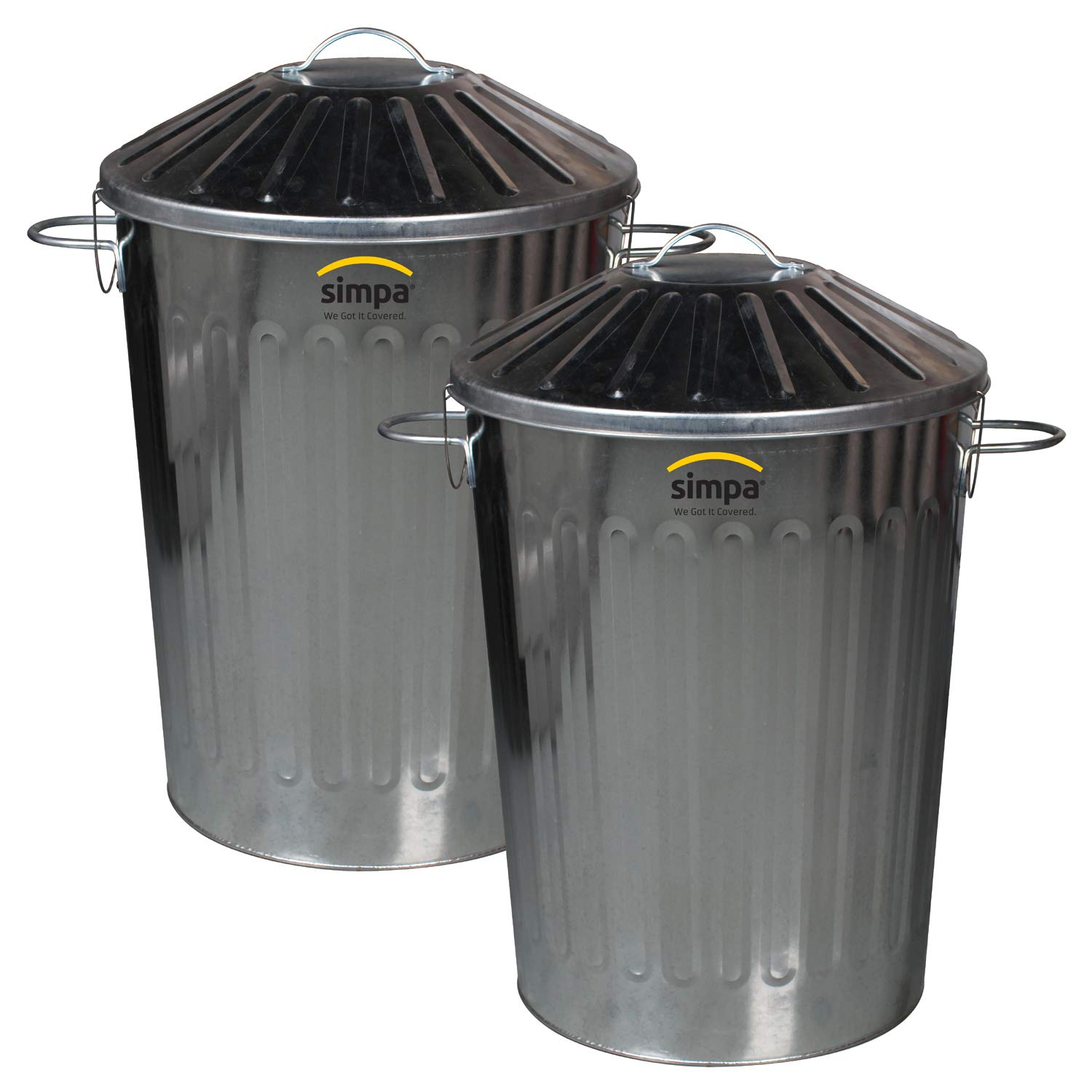 Simpa 2 x 60L 60 Litre Galvanised Metal Dustbin Tapered Design Kitchen House Garden Storage Unit Bin with Special Locking Lid