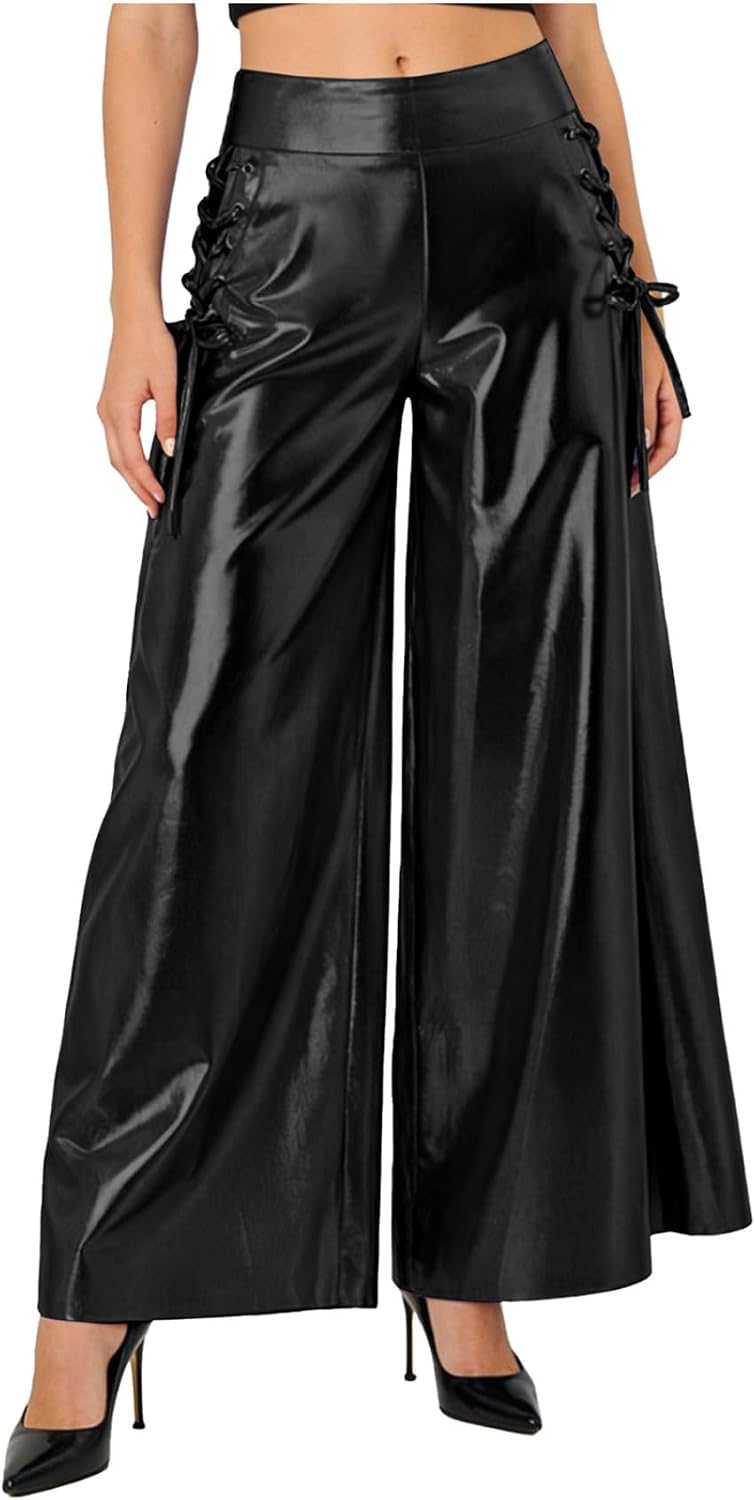 Women Rave Outfits Bell Bottoms Trousers Cowgirl Costume Metallic Shiny Pants High Waisted Party Wear
