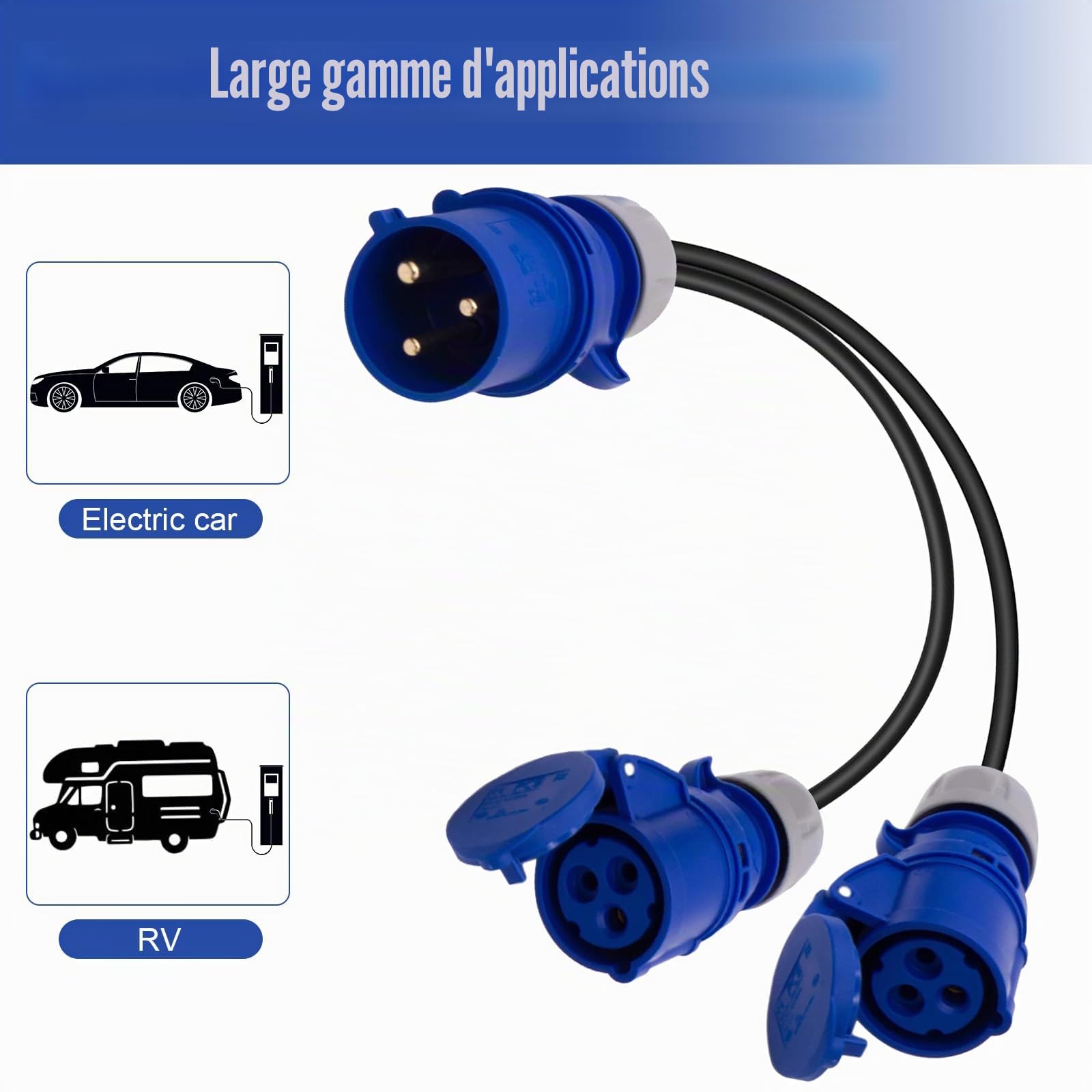 Adaptateur CEE, fiche 32 A vers 2 prises 16 A, IP44, 2 voies, répartiteur, générateur, adaptateur de caravane 230 V IP44