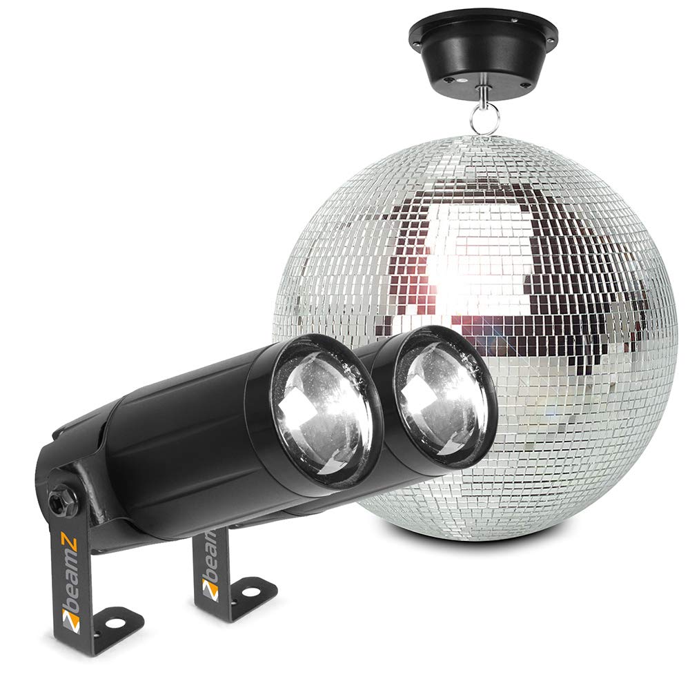 BeamZ MB30 Mirror Ball Set 30cm with Motor & 6W LED Pinspot Lights for Disco, Wedding, Party Events, DJ Equipment Glitter Ball Lighting Effect Kit