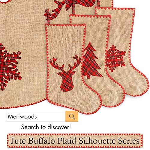 Meriwoods Burlap Christmas Tree Skirt 48 Inch, Large Natural Jute Tree Collar With Buffalo Plaid Snowflake Reindeer, Country Rustic Indoor Xmas Decorations #TOP4