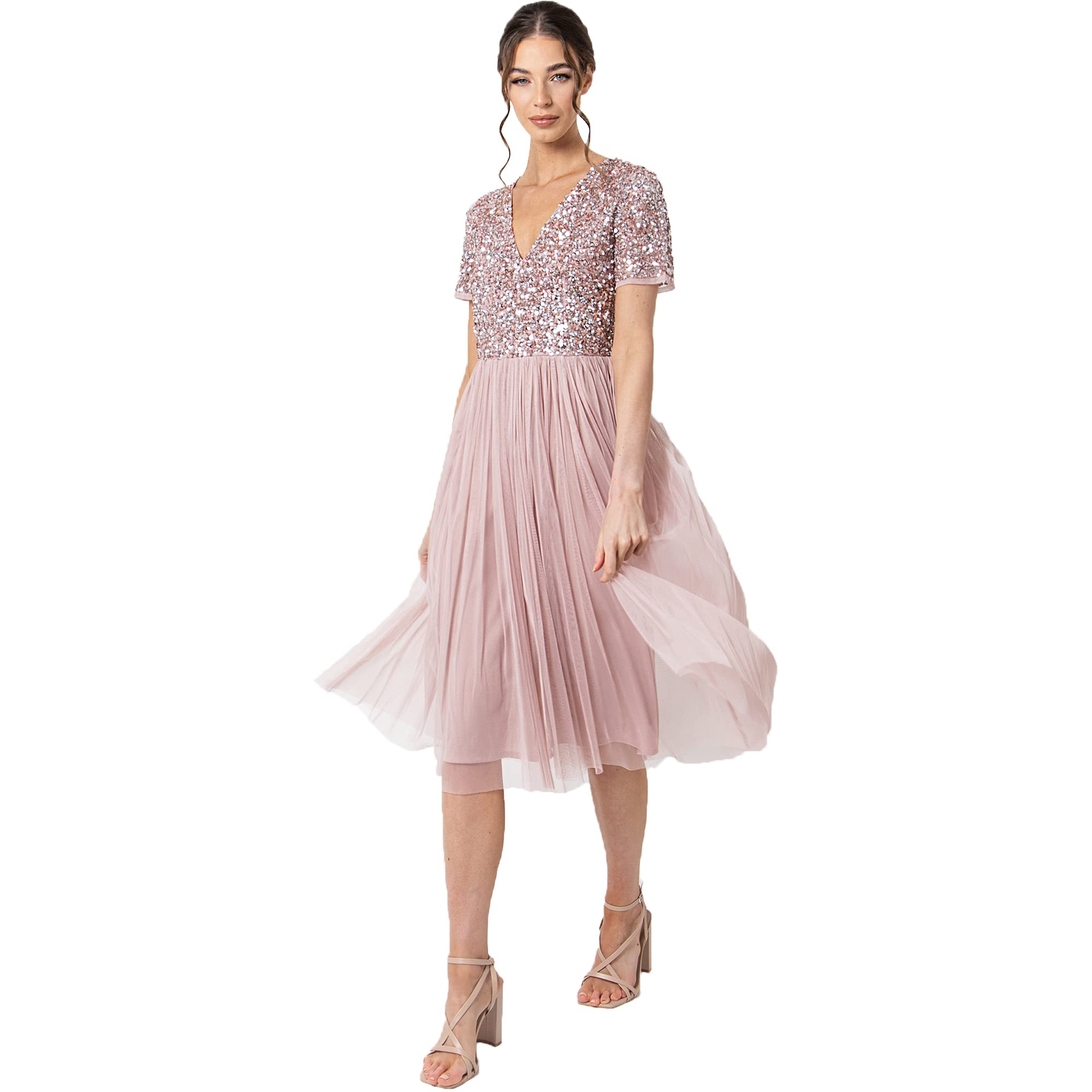 Maya Deluxe Damen Midi-Kleid mit V-Ausschnitt, Verziert Brautjungfernkleid, Frosted Pink, 44