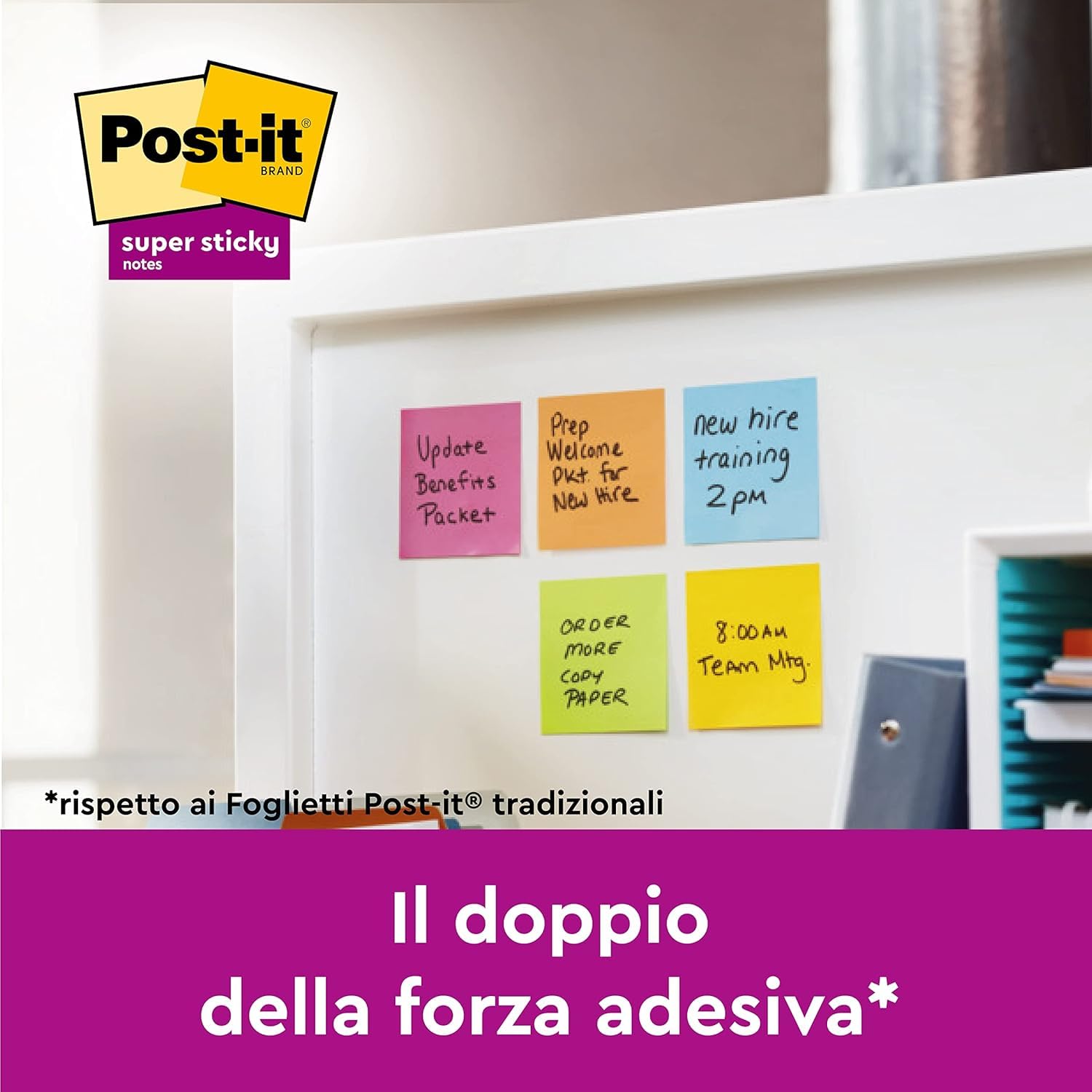 Post-it Super Sticky Foglietti Playful, 12 blocchetti 90 fogli, 47,6 mm x 47,6 mm, Rosso, Arancio, Giallo, Verde, Azzurro, Viola