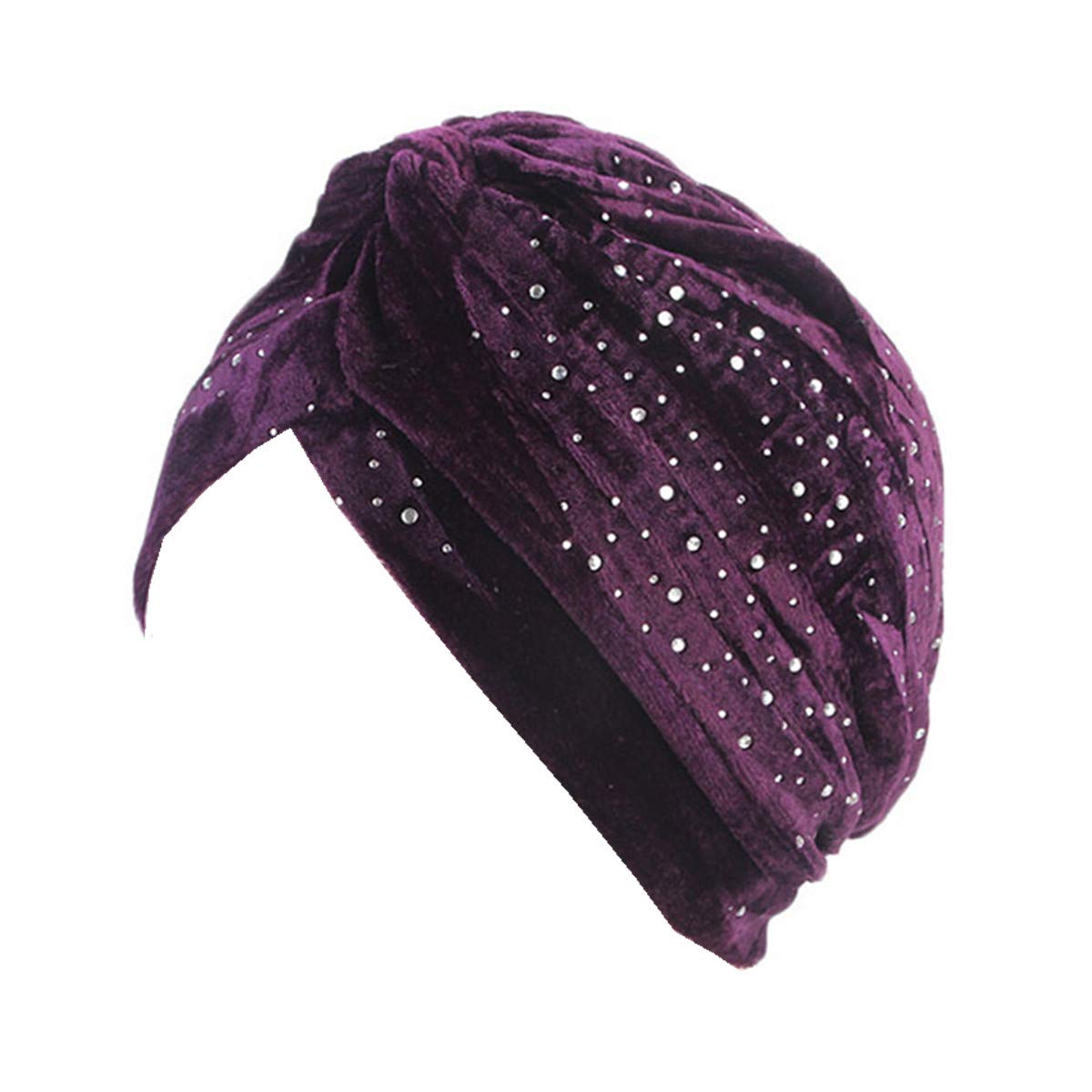 Qianmome Rhinestoned Velvet Turban Neon Casual Twist Stretch Turban Headband Chemo Hat Hijab Turbante