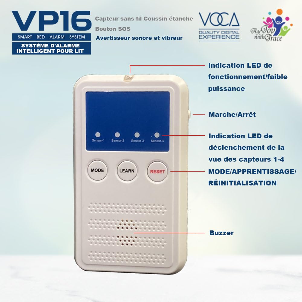 Alarme de lit VOCA VP16 sous matelas pour personnes âgées, tapis de détection sans fil avec alerte précoce et téléavertisseur, alarme de sécurité pour lit, prévention des chutes, pour personnes âgées