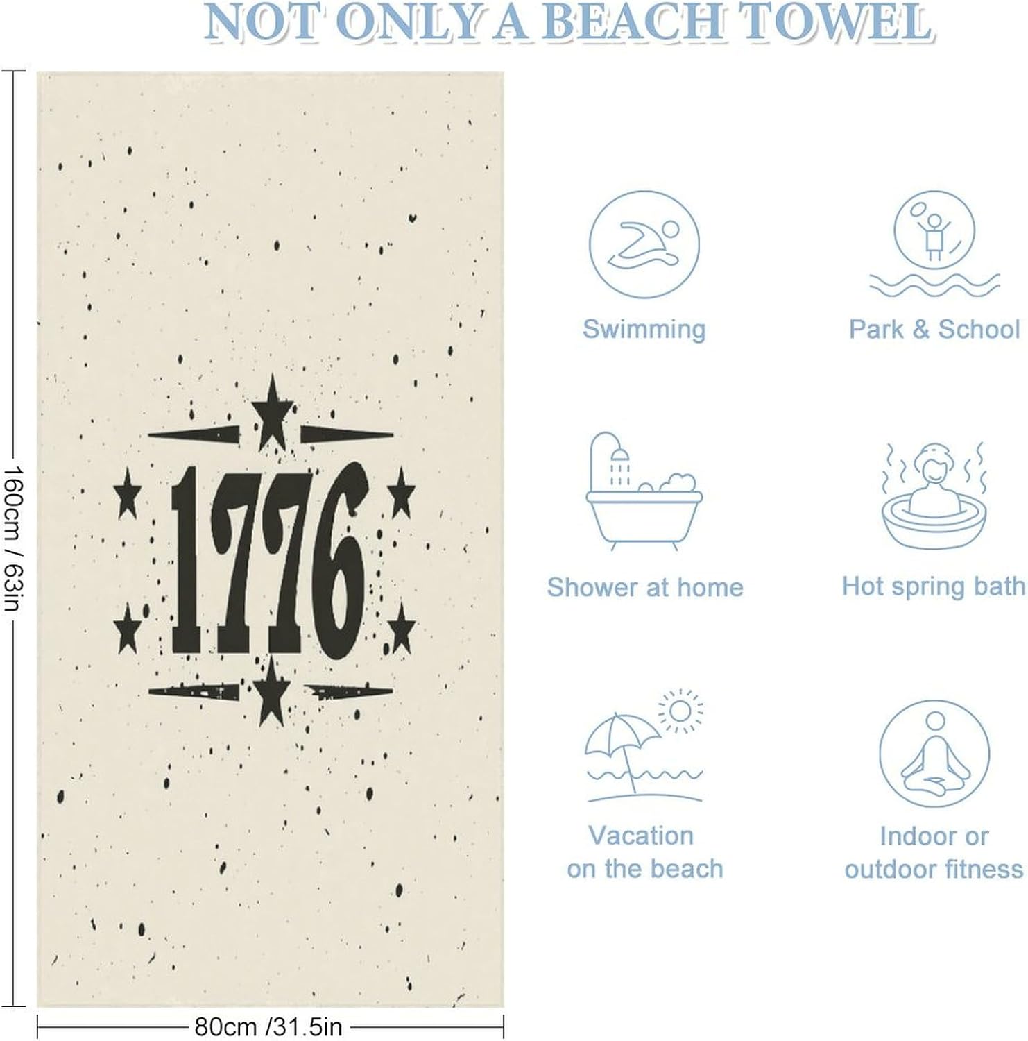 America 1776 Beach Towels Thin Quick Fast Dry Super Absorbent Sand Proof Beach Towels Memorial Day Blanket Or Bath Towel for Bathroom Swim 30x63 Inch