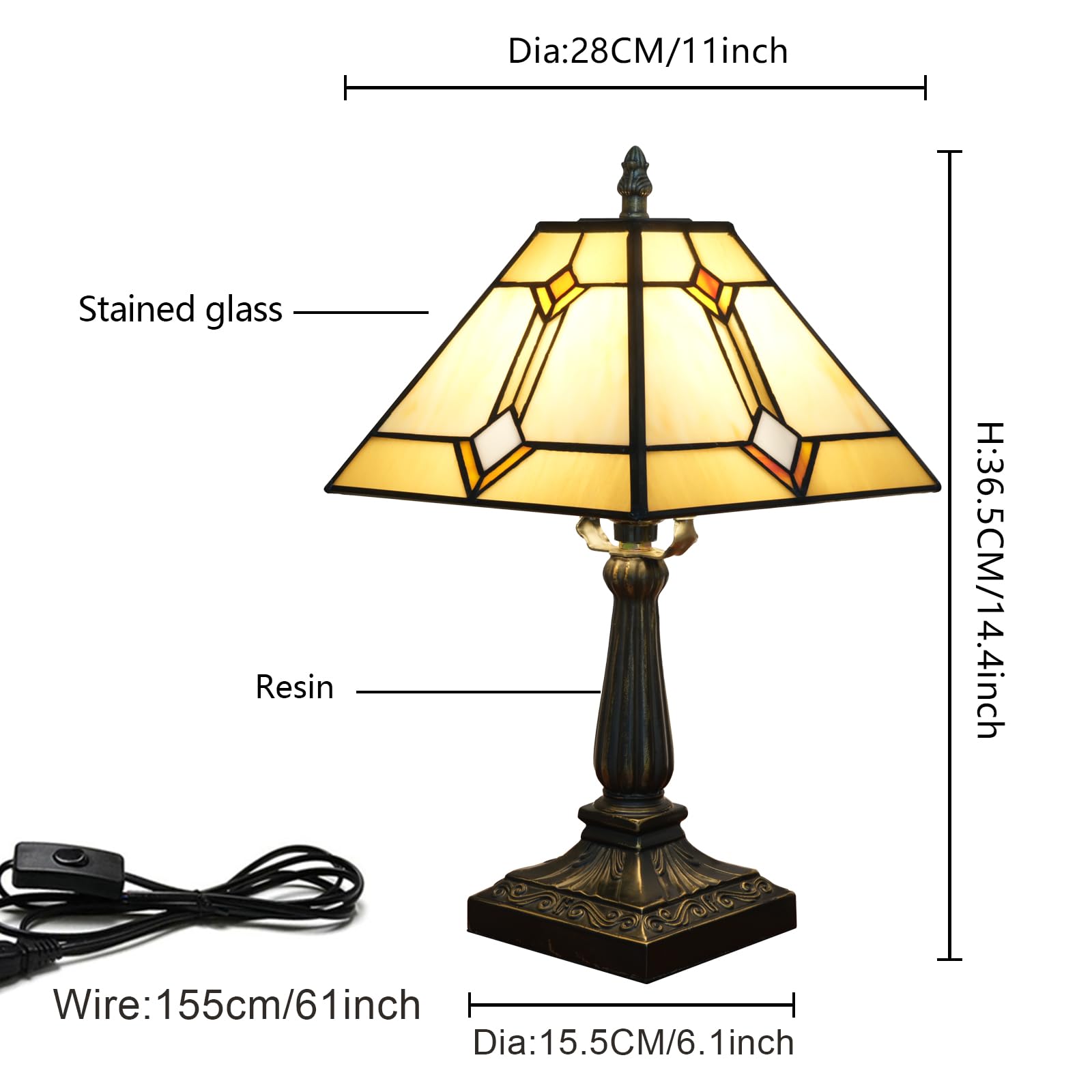 Tiffany lampa stołowa styl misja szkło witrażowe światło żółte antyczne vintage lampa obok czytania do domu salonu