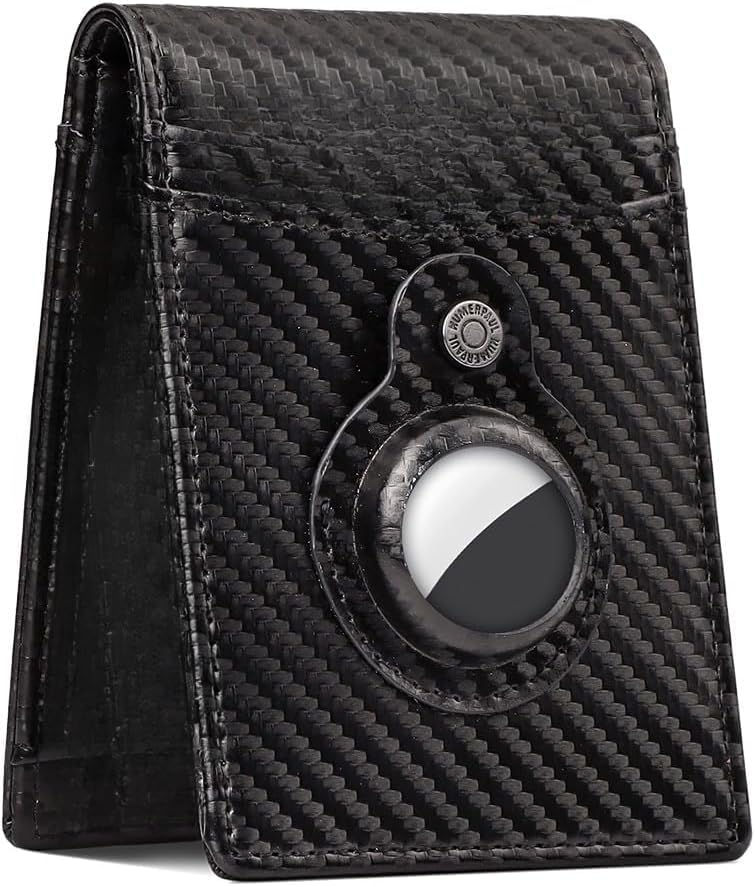 Genuine Leather Wallet for Men with Airtag Holder RFID Blocking Slim Bifold Design Front Pocket Wallet with GPS Tracker Accessories (Carbon Fiber Black)