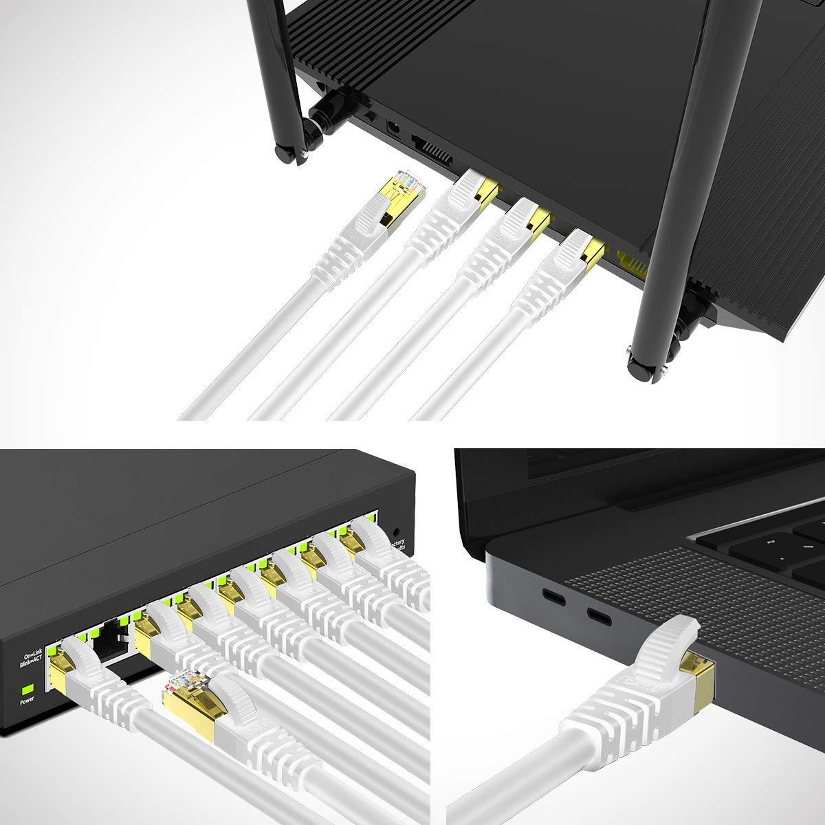 KASIMO Cable Ethernet 10 Metros De Red Cat 8 con Conector RJ45 Oro Alta Velocidad 40 Gbps / 2000 Mhz Internet LAN Blanco