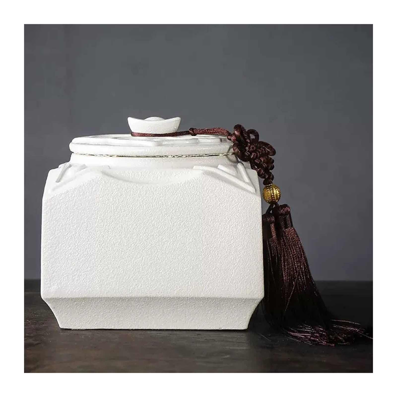 Hhaoran-9868 Ceramic Tea Canister Chinese Vintage Lucky Wealth Tea Storage Containers Home Ceramic Food Elegant Decoration Gift with Tassel Food Canisters for Kitchen(White)
