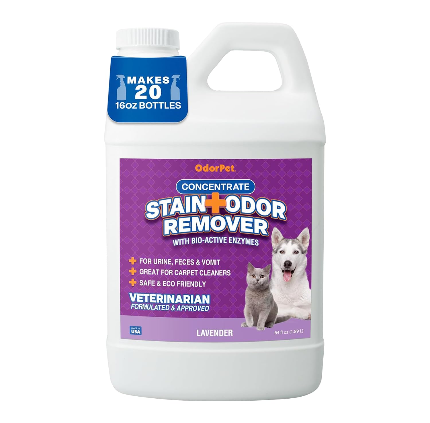 OdorPet Stain & Odor Eliminator, Enzyme Cleaner for Pet Odor & Stain Remover for Dogs & Cat Urine, Vomit, Spot Carpet Cleaner, Small Animal Odor Remover, Lavender Scent (64oz)