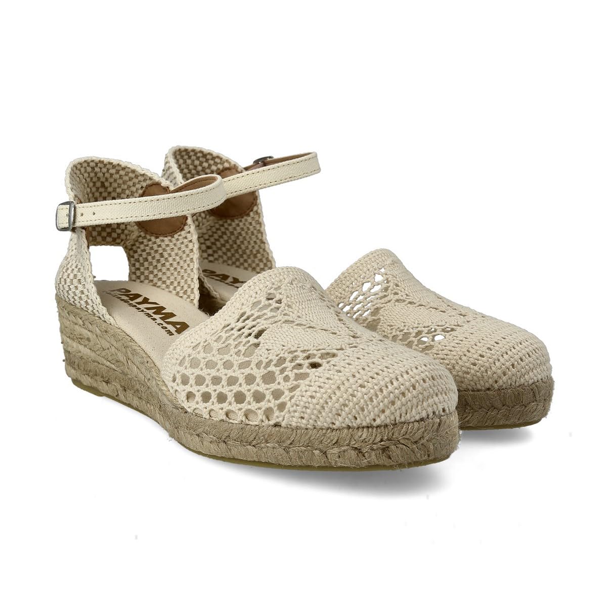 Damen Jute Gehäkelte Keilsandalen. Schuhe aus Spanien. Wedges Espadrilles mit Niedrigem Hacke. Innenpflanze mit Stoff Gepolstert. Knöchelschnalle und Knöchelriemen