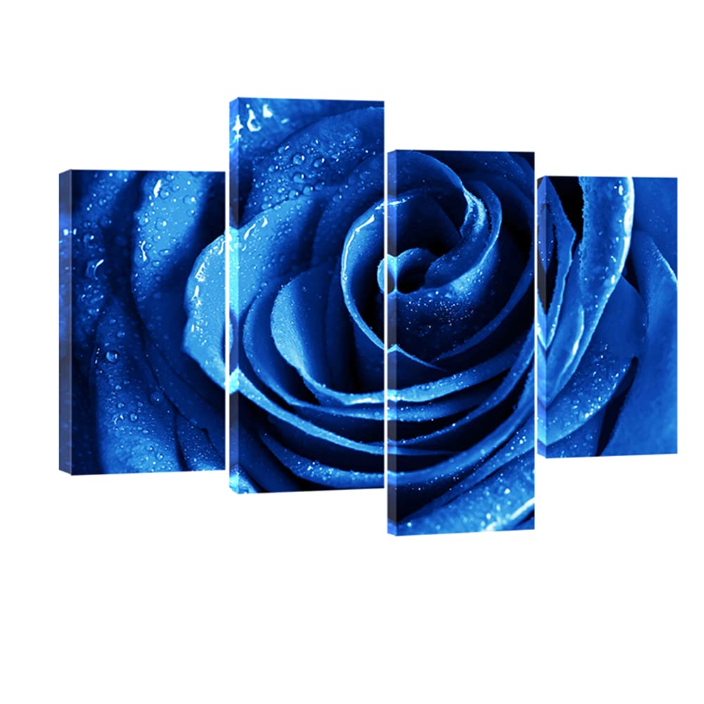 Wieco ArtBlue Rose with Dew Canvas Wall Art Abstract Romantic Flower Pictures Paintings Wall Art for Living Room Bedroom Decorations Wall Decor Large 4 Panels Modern Canvas Prints Artwork