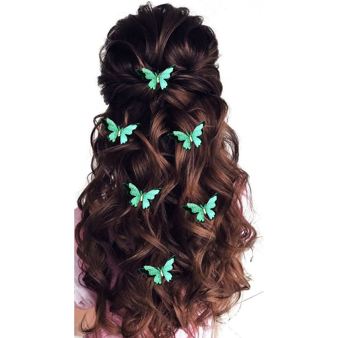 Hair Flare Velvet Butterfly Hair Pin/Comb Slide Designed Hairpin/Side Juda pin/Bridal Hair Accessories- 2462, Dark Green, Pack of 6