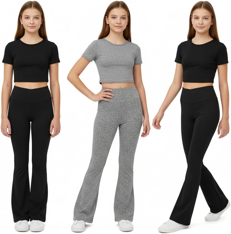 Girl's 3 Packs Short Sleeve T Shirt Flare Leg Pants Set Fitted Matching Clothing Set Yoga for 13-16Y - Image 2