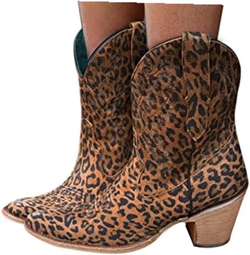 Cowboy Boots for Women Vintage Ethnic Embroidered Western Cowgirls Boots Retro Curve Pointed Toe Ankle Boots Leather Mid Chunky Block Wide Mid Calf Boots Knight Riding Short Booties