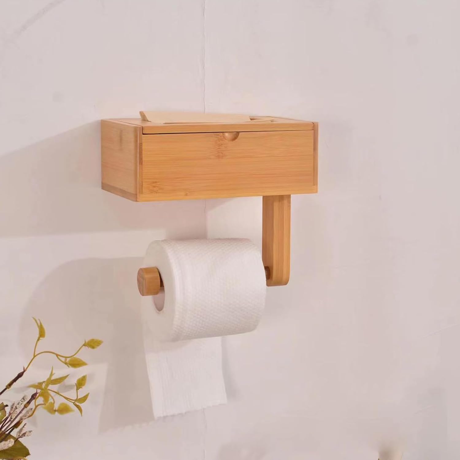Wood Toilet Paper Holder with Shelf Storage, Wooden Wall Mount Toilet Paper Holder, Self-Adhesive Tissue Roll Holder with Flushable Wet Wipes Dispenser