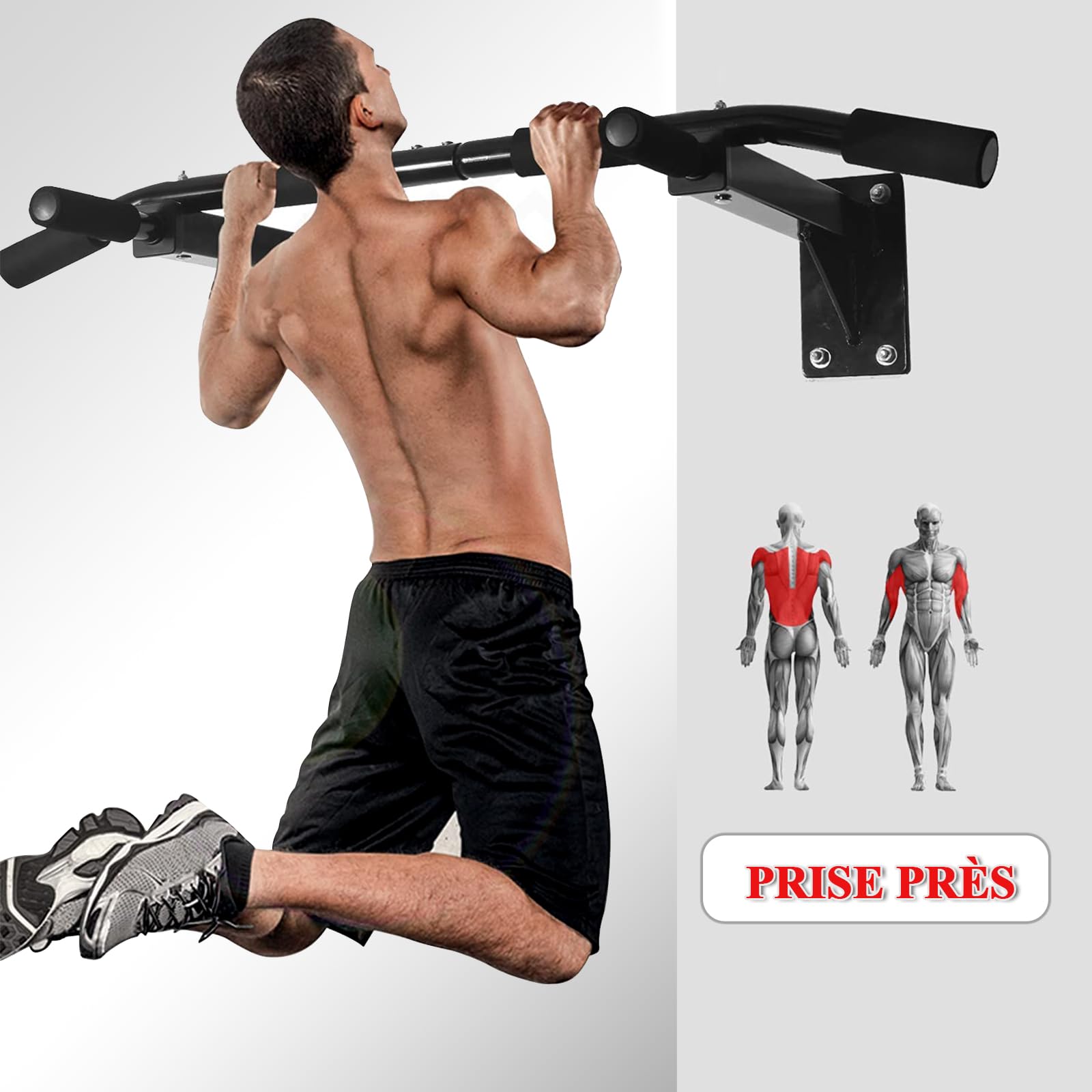 ISE Barre de Traction Murale, Barre de Tractions Murale, Barre Tractions Fitness, Fixation Plafond Economiser Espace, Multi-Grip Pull Up Bar, Barre a Traction Musculation Stable Capacité Elevée