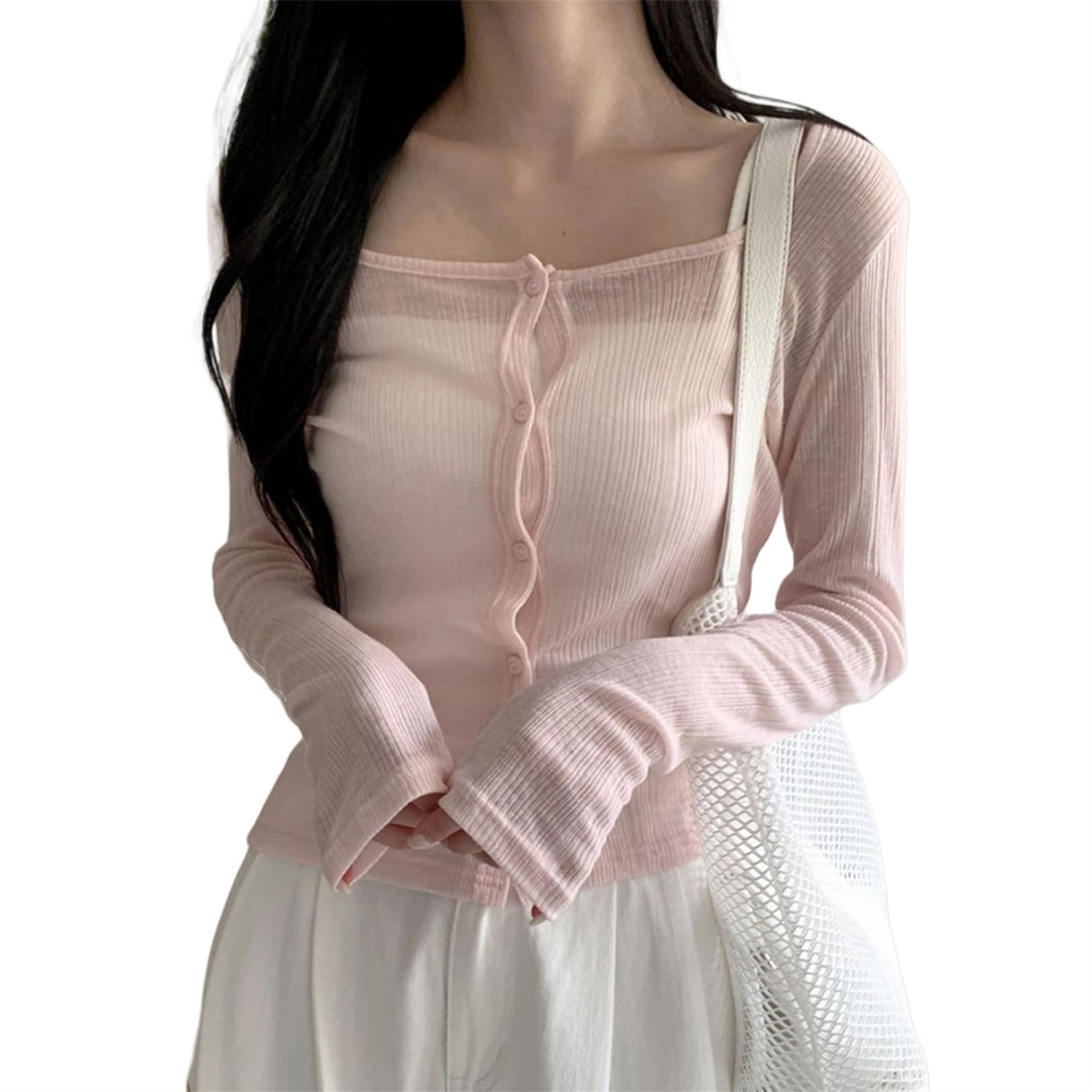 Women Pastel Goth Scoop Neck Shrug Top - Button Long Sleeve Slim Fit Y2K Fairy See Through Fall