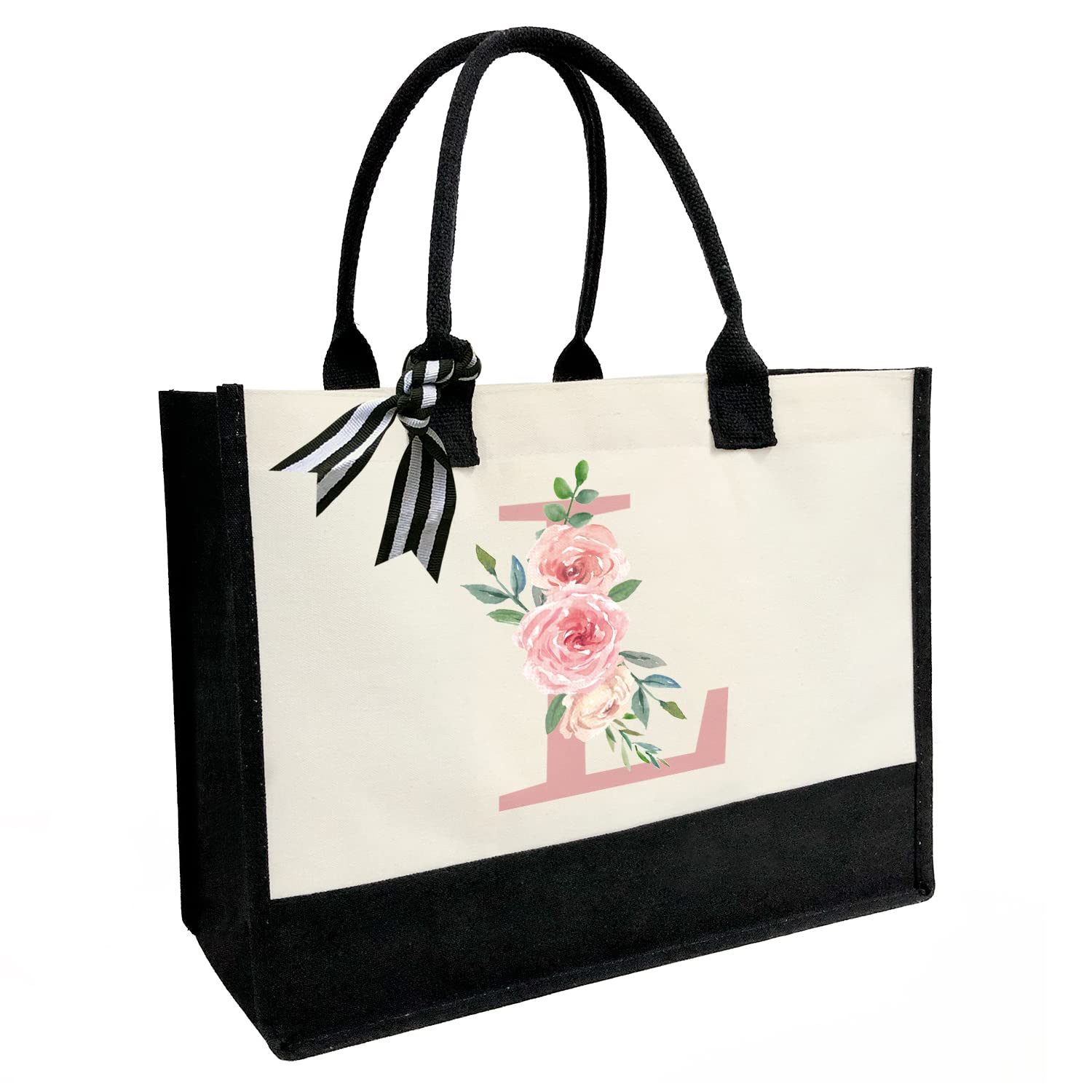 SUNDEE Bolsa de playa de lona con inicial personalizada, bolsa de lona con bolsillo interior con cremallera, correas dobles para el hombro, bolsa de yute con monograma para viajes diarios de trabajo