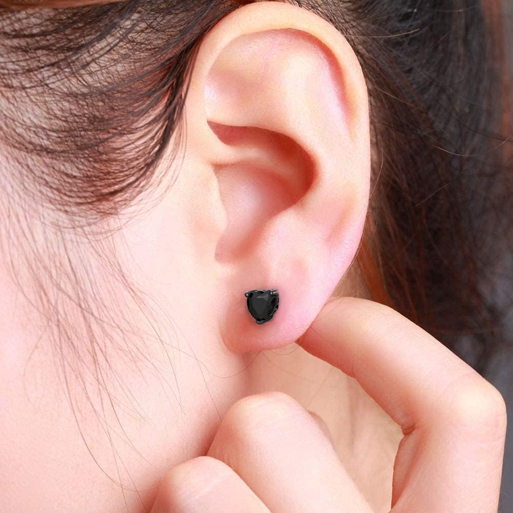 925 Sterling Silver Black Stud Earrings for Women and Men, Solitaire Cubic Zirconia Round & Princess Cut Heart-Shaped, 6mm - Image 5