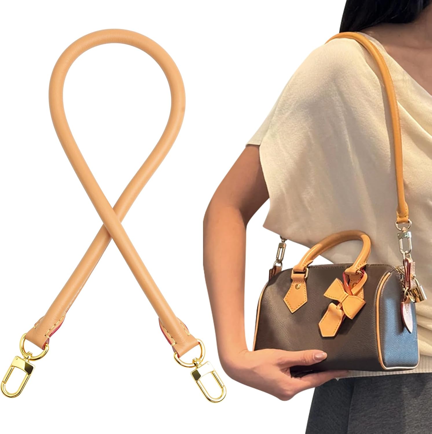 Bag Genuine Vachetta Leather Shoulder Short Strap Replacement Fit for Graceful Damier or Speedy25 30 35 Bag Brown Straps Tan(Length:27.5in-BEESWAX) - Image 2