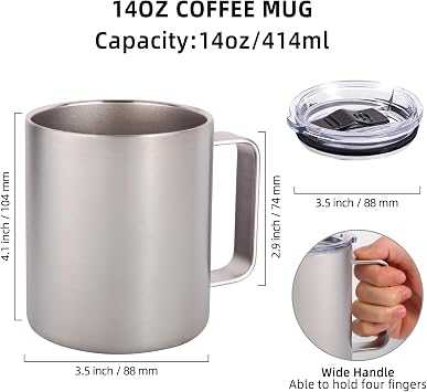 Volhoply 14oz Insulated Stainless Steel Coffee Mug with Lid Bulk 2 Pack,Double Wall Vacuum Travel Coffee Cup with Handle,Reusable Metal Tumbler,Camping Mugs Keep Hot&Cold,Christmas Gifts(Mix,2)