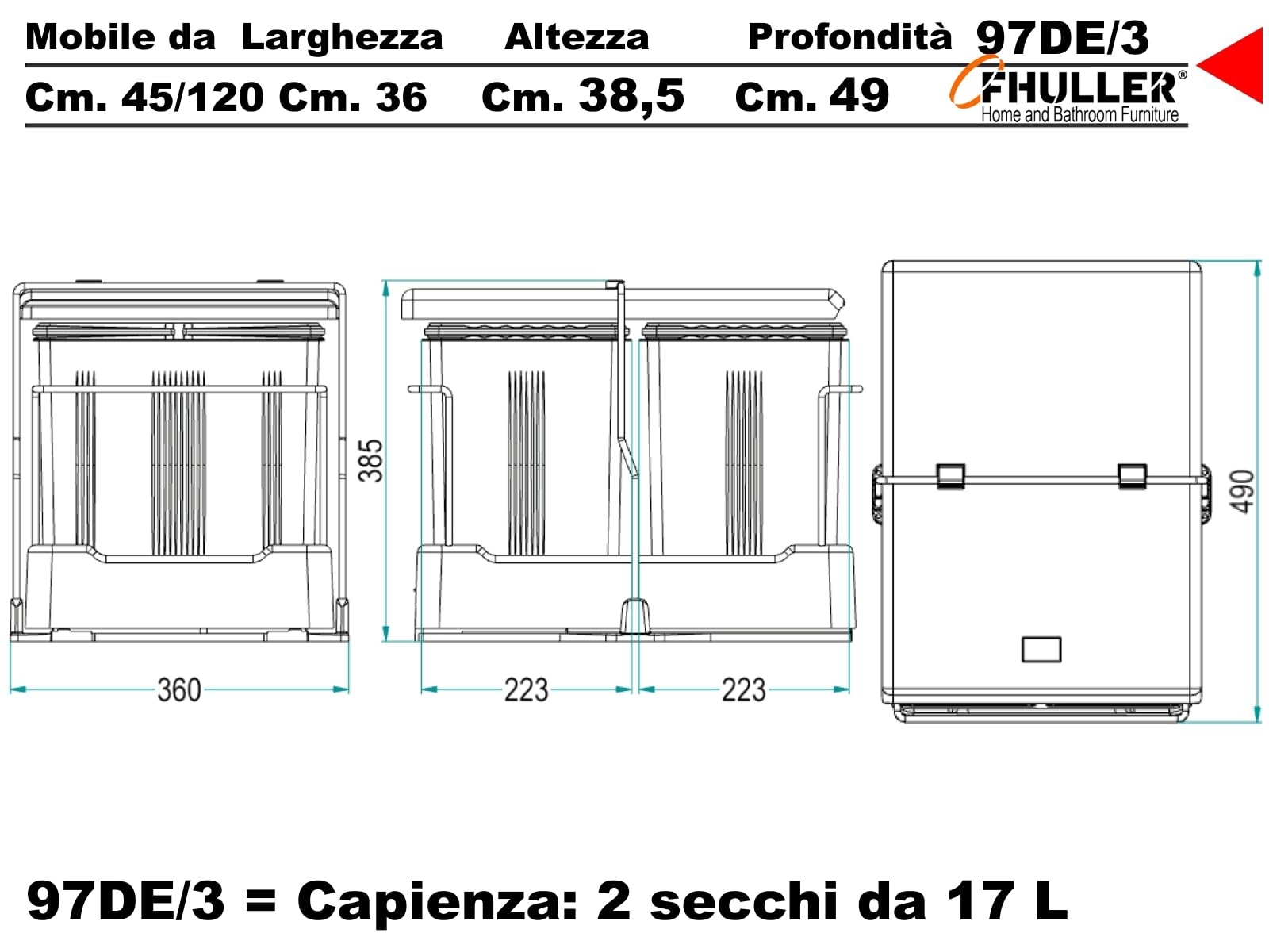 Pattumiera Estraibile Inoxa 97DE/3 a 2 Secchi da 17 Lt con Coperchio Basculante