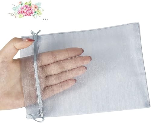Miniatura 3 de HRX Package 100 bolsas de organza gris plateado, 5 x 7 pulgadas de malla con cordón de regalo, bolsas de joyería para dulces de Navidad, recuerdos