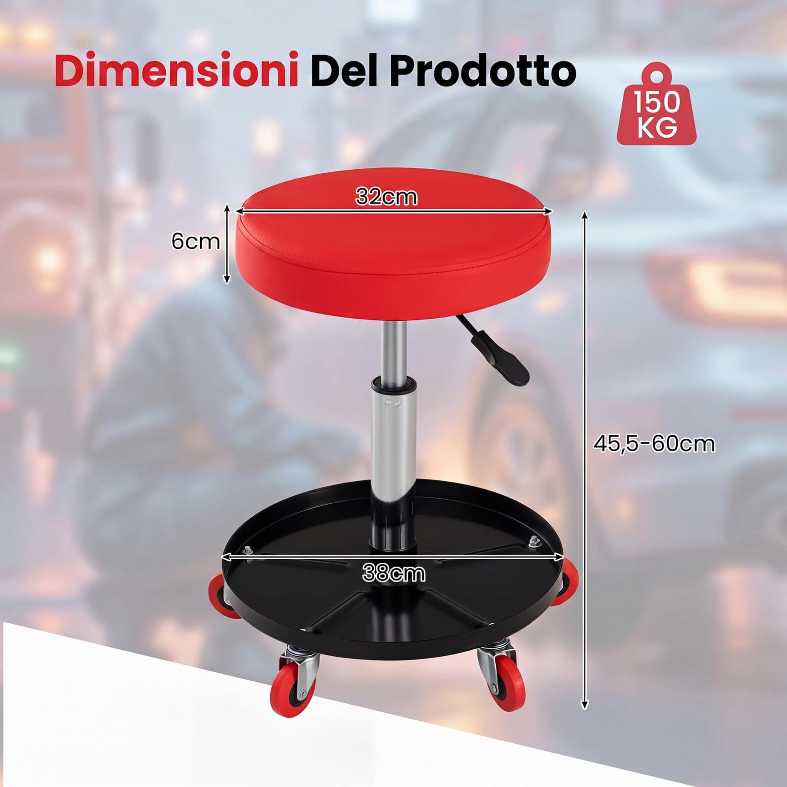 COSTWAY Sgabello da Officina con Vassoio Porta Attrezzi, Portata 150 kg | Sedia da Lavoro con Ruote, Altezza Regolabile e Girevole a 360°, Sedia da Meccanico per Garage e Officina