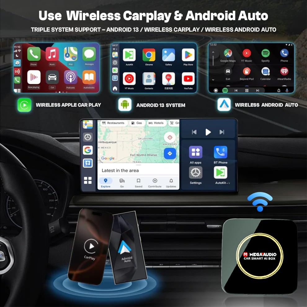 Image of MEGAAUDIO ANDROX MP09 Smart AI Box for Car | Wireless CarPlay & Android Auto Adapter | Wired to Wireless Converter | Stream YouTube, Netflix, JioHotstar | Android 13 | 4GB+64GB | 1080P | BT 5.0 | WiFi