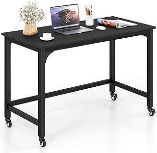 CASART Rolling Computer Desk, 120cm Metal Frame Writing Desk with Wheels, Mobile PC Laptop Table Computer Workstation for Bedroom, Study and Office