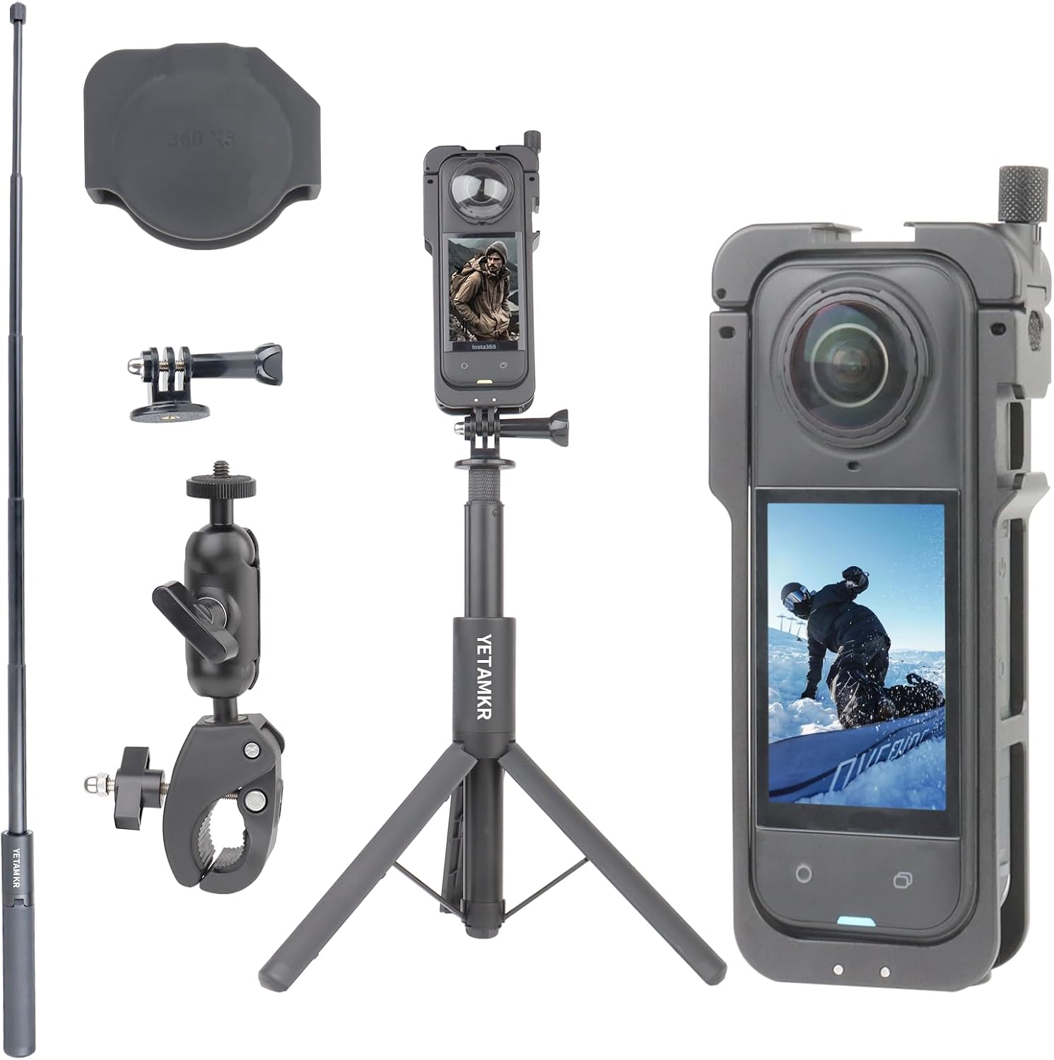 5-in-1 Protection Kit, compatible with Insta360 X5 camera metal protective case/selfie tripod mount/silicone lens protector/bicycle camera mount for Insta 360X5 accessories case