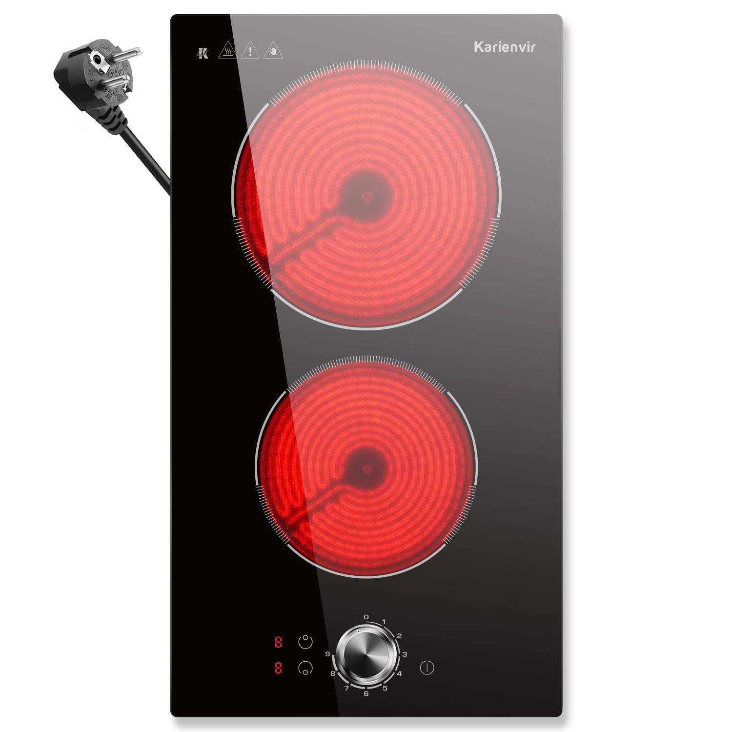 Glaskeramikkochfeld 2 Platten mit Stecker, Herdplatte 2 Kochfelder mit Knopf & Touch Control, 30CM Autarks Doppel Einbau Kochplatte, 9 Heizstufen, 2800W, 220-240V
