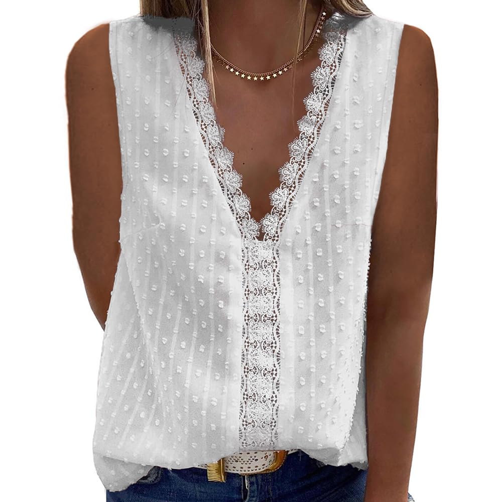 Coloody Blusa con Cuello en V para Mujer Camisa de Encaje Manga Corta Túnica de Color Sólido Tops