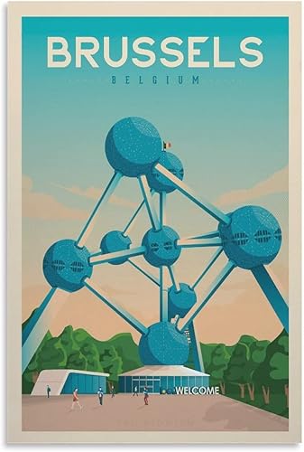 Bruselas - Póster de viaje de Atomium vintage, impresión en lienzo (1) pósteres e impresiones de pintura en lienzo para decoración de sala de estar,