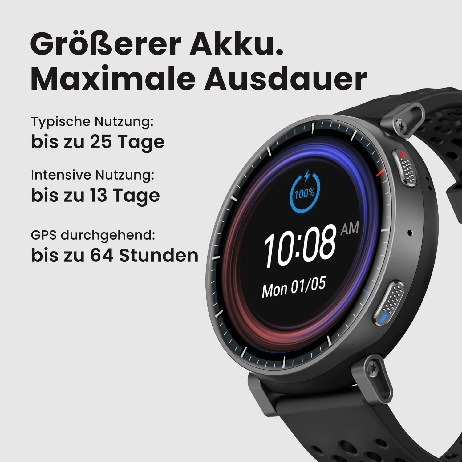 Amazfit Active Max 48mm Smartwatch 1,5" AMOLED-Display, 25 Tage Akku, Offline-Karten, NFC, GPS, 4GB Speicher, 170+ Sportmodi, 5 ATM Wasserschutz, Herzfrequenz- & Schlaftracking für Android & iPhone