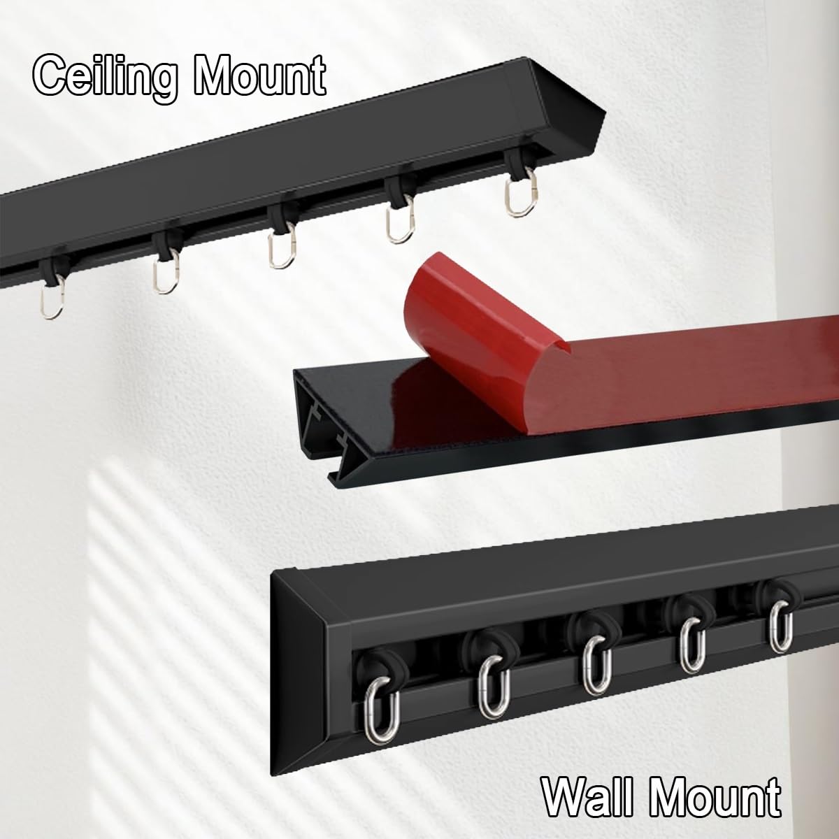 Aluminiowy drążek gąsienicowy bez wiercenia, od 0,5 m do 5 m, montaż ścienny/sufitowy z klipsami i obręczą do salonu i kampera, czarny (380 cm)