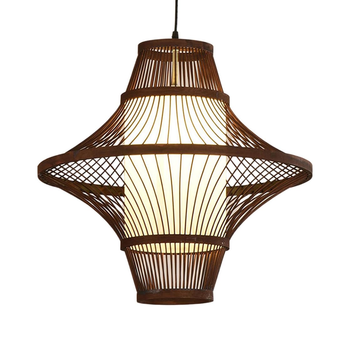 CSSYKV Farmhouse Bamboo Cage Chandelier Mid-Century Light Fixture, 2-Layer Faux Parchment Lampshade Natural Wicker Bamboo Hanging Pendant Lighting for Entryway Bar Foyer Hallways